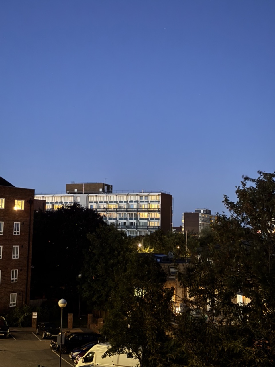 East London housing block at twilight